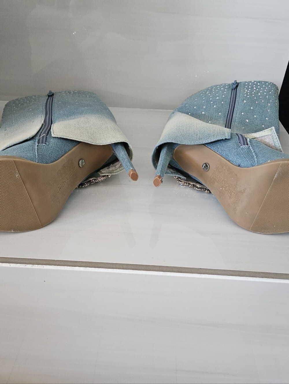 Thalia Sodi Denim Ombre Rhinestone Crystal Buckle Boots Size 6 NEW - Picture 12 of 14